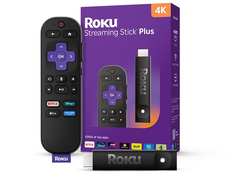 Roku Streaming Stick Plus in black with a sleek design, accompanied by a remote featuring purple buttons and labeled shortcuts for popular streaming services, all in a colorful box.