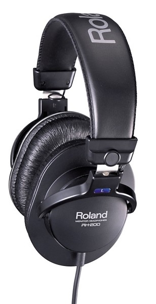 Black wired Roland RH-200 headphones feature a padded headband and ear cups, with a sleek design and the Roland logo prominently displayed on the headband.
