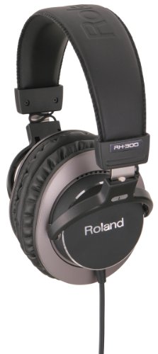 Wired Roland RH-300 headphones in black and brown, featuring a cushioned headband, soft ear pads, and a sleek design with the "Roland" logo prominently displayed.