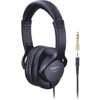 Black Roland RH-5 wired headphones with cushioned ear pads and adjustable headband, featuring a gold-plated audio jack.