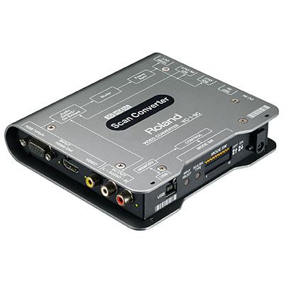 Silver and black Roland VC-1-SC video signal converter with various input/output ports, labeled connections, and a compact design for 1920 x 1200 pixel resolution.
