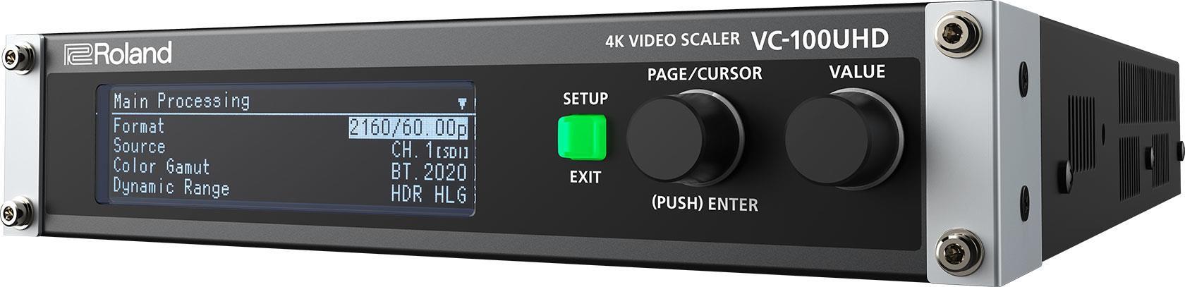 Roland VC-100UHD 4K video scaler features a sleek black metal casing, a front panel with a display screen, and control knobs for setup and adjustments.