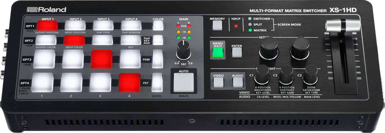 Roland XS-1HD Video Mixer features a sleek black design with multiple input buttons in red and white, a control slider, and a menu interface for easy operation.
