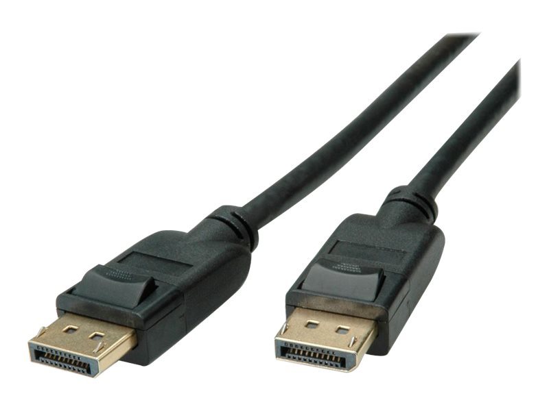 Black male DisplayPort to male DisplayPort cable, 3 meters long, featuring gold-plated connectors and a sturdy plastic casing for durability.