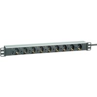 Black Roline PDU with 9 AC outlets, rack-mountable design, metal casing, and power cable on the side.