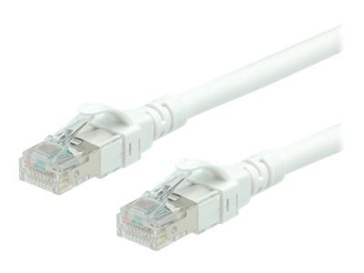 White 1-meter Cat6 Ethernet cable with unshielded design, featuring low smoke zero halogen sheath and transparent connectors on both ends.