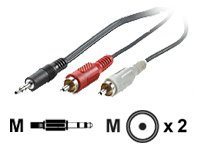Black 10-meter ROLINE cable with one 3.5mm male connector and two male RCA connectors (red and white) for audio connections.