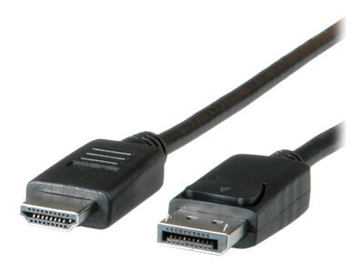 Black 2-meter cable with a DisplayPort plug on one end and an HDMI plug on the other, featuring a sturdy plastic casing and detailed connector designs.