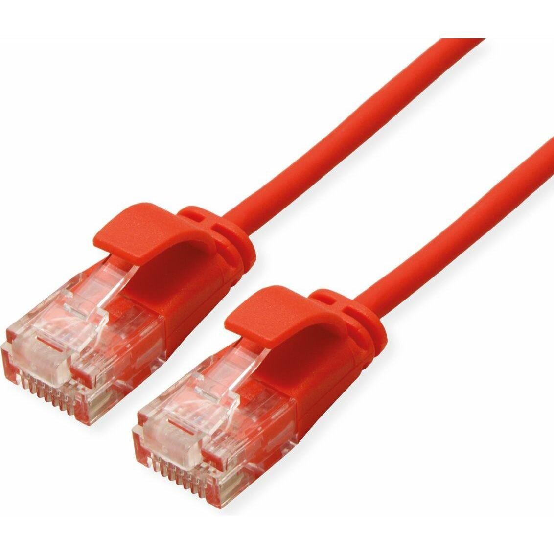 Red 2-meter Cat6a U/UTP networking cable featuring clear connectors with locking clips, designed for high-speed data transmission.