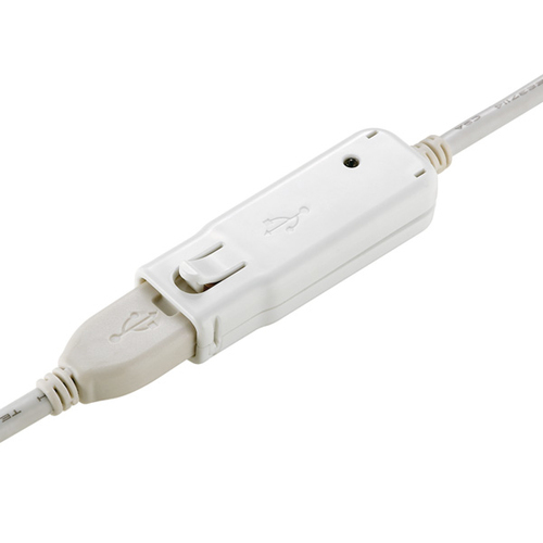 ROLINE USB 2.0 Active Repeater Cable, 12 meters long, featuring a white plastic casing with a switch and connectors at both ends for extended USB connectivity.