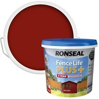 Ronseal Fence Life Plus+ Red Cedar 5L paint with blue lid, showing red color swatch and fence illustration.