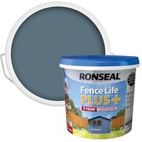 Ronseal Fence Life Plus+ Cornflower 5L paint tub with blue lid and cornflower color swatch on label.