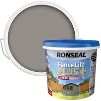 Ronseal Fence Life Plus+ Slate 5L paint tub with blue lid, showing a garden fence and shed on the label.