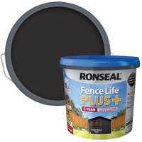 Ronseal Fence Life Plus+ 5L paint, Tudor Black Oak color, blue lid, vibrant label with fence illustration.