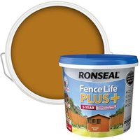 Ronseal Fence Life Plus+ 5L Harvest Gold paint, blue lid, showing rich golden color on label and sample swatch.