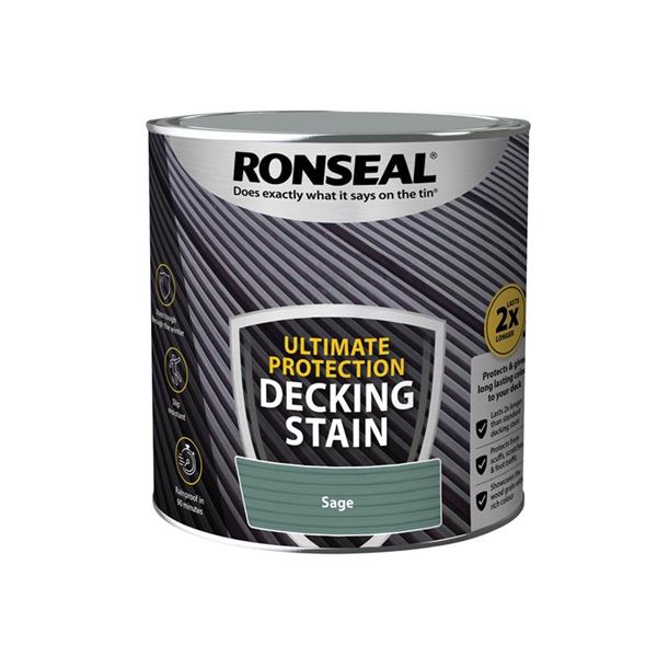 Metal tin of Ronseal Ultimate Protection Decking Stain in Country Oak, 5 litres, featuring a dark grey design with product details and a green label at the bottom.
