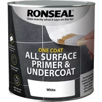 Ronseal One Coat Primer and Undercoat 750ml, gray can with brush painting white on black surface.