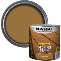 Ronseal Quick Drying Decking Stain in Country Oak, brown stain in round tin with wood grain design on label.