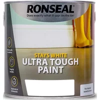 Ronseal Stays White Ultra Tough Paint 750ml, Matt finish, in a silver tin with bold black and yellow text.