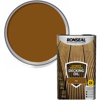 Ronseal Ultimate Protection Teak Decking Oil 5L, brown tin with wood grain design and protective features highlighted.