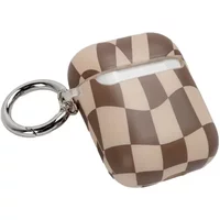 Round-shaped earphone case with brown and beige checkered pattern, metal keyring attachment.