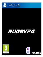 Cover of "Rugby 25" for PlayStation 4, featuring a black background with bold white text and a small logo in the bottom corner, indicating the game's title and rating.
