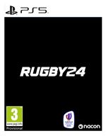 Rugby 25 for PS5 by Maximum Games features a sleek black cover with bold white text, showcasing the title prominently, along with the age rating and logo at the bottom.