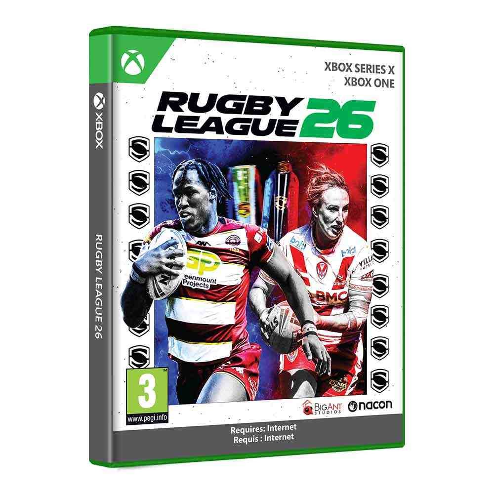 Green Xbox Series X game case for "Rugby League 26" featuring dynamic player graphics, with a bold title and logos prominently displayed on the front.