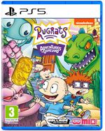 Colorful game cover featuring cartoon characters from Rugrats, including Tommy and Chuckie, with vibrant backgrounds and a dinosaur, all set against a blue PS5 case.