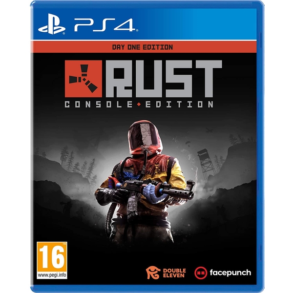 Rust Day One Edition for PlayStation 4 features a blue case with a striking cover art showing a character in a mask holding a weapon, set against a dark, rugged background.