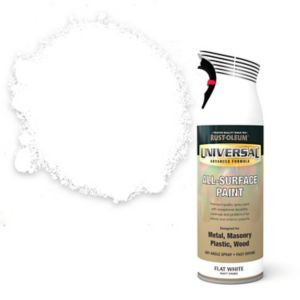 Rust-Oleum Universal All Surface Matt spray paint in a 400ML can, featuring a white matte finish, with a black nozzle and a label highlighting its versatility for various materials.