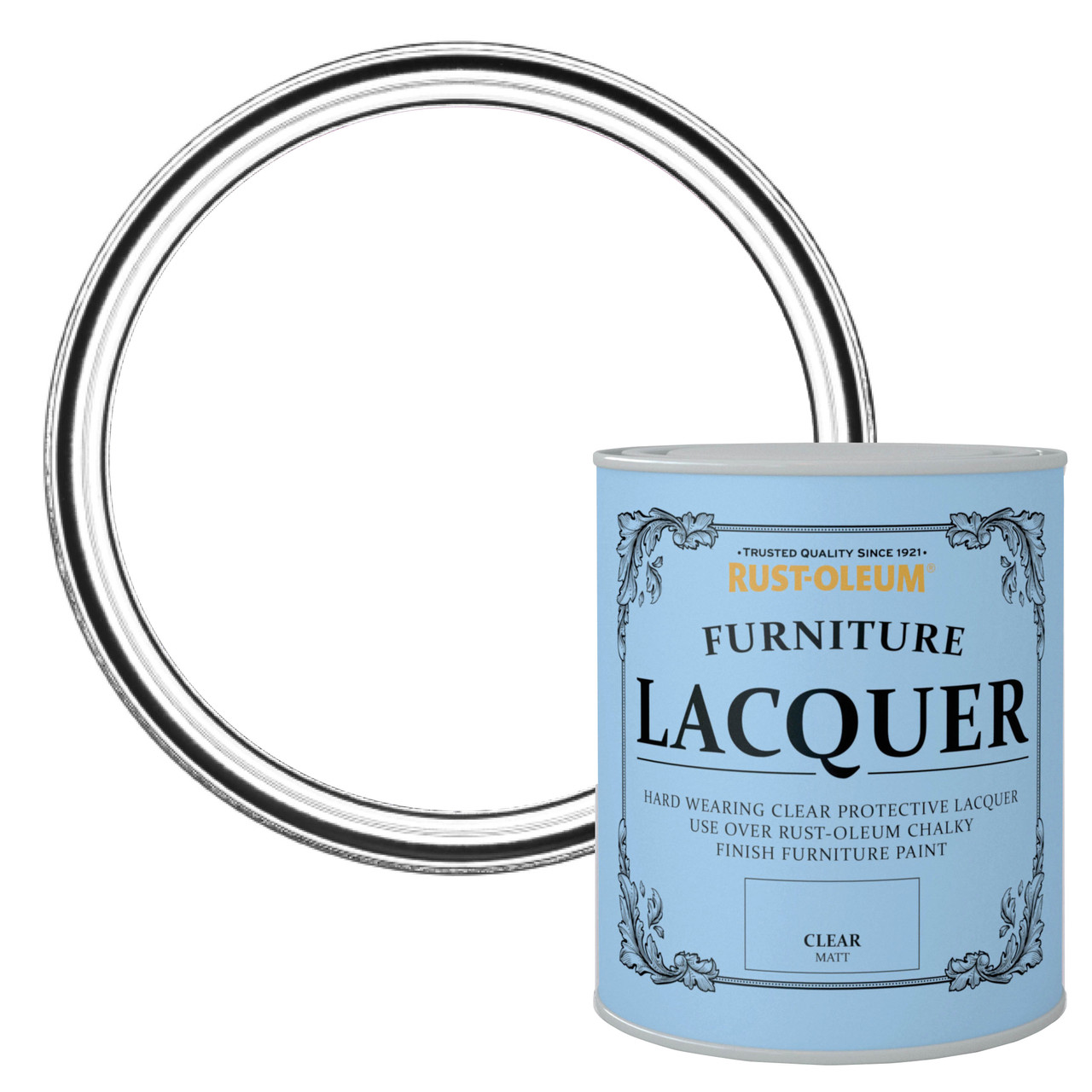 Clear protective lacquer in a light blue can with elegant design, labeled "Rust-Oleum Furniture Lacquer - Clear," featuring a shiny metal lid.