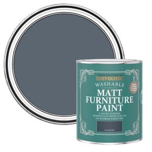 Rust-Oleum's 750ml can of Evening Blue matt furniture paint features a dark blue color with a glossy lid, labeled as washable and suitable for interior use.