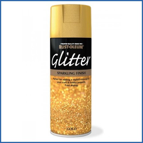 Gold glitter spray paint in a 400ml can, featuring a shiny gold cap and a black label with "Rust-Oleum Glitter" and "Sparkling Finish" in bold white text.