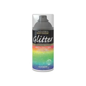 Rainbow Gloss Glitter Effect spray paint in a 150ml can, featuring a black label with colorful rainbow stripes and a nozzle at the top for easy application.