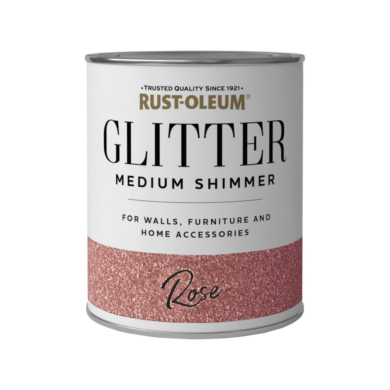 Rust-Oleum Medium Shimmer in Rose, a 250ml can featuring a shiny pink glitter finish, labeled for use on walls, furniture, and home accessories.