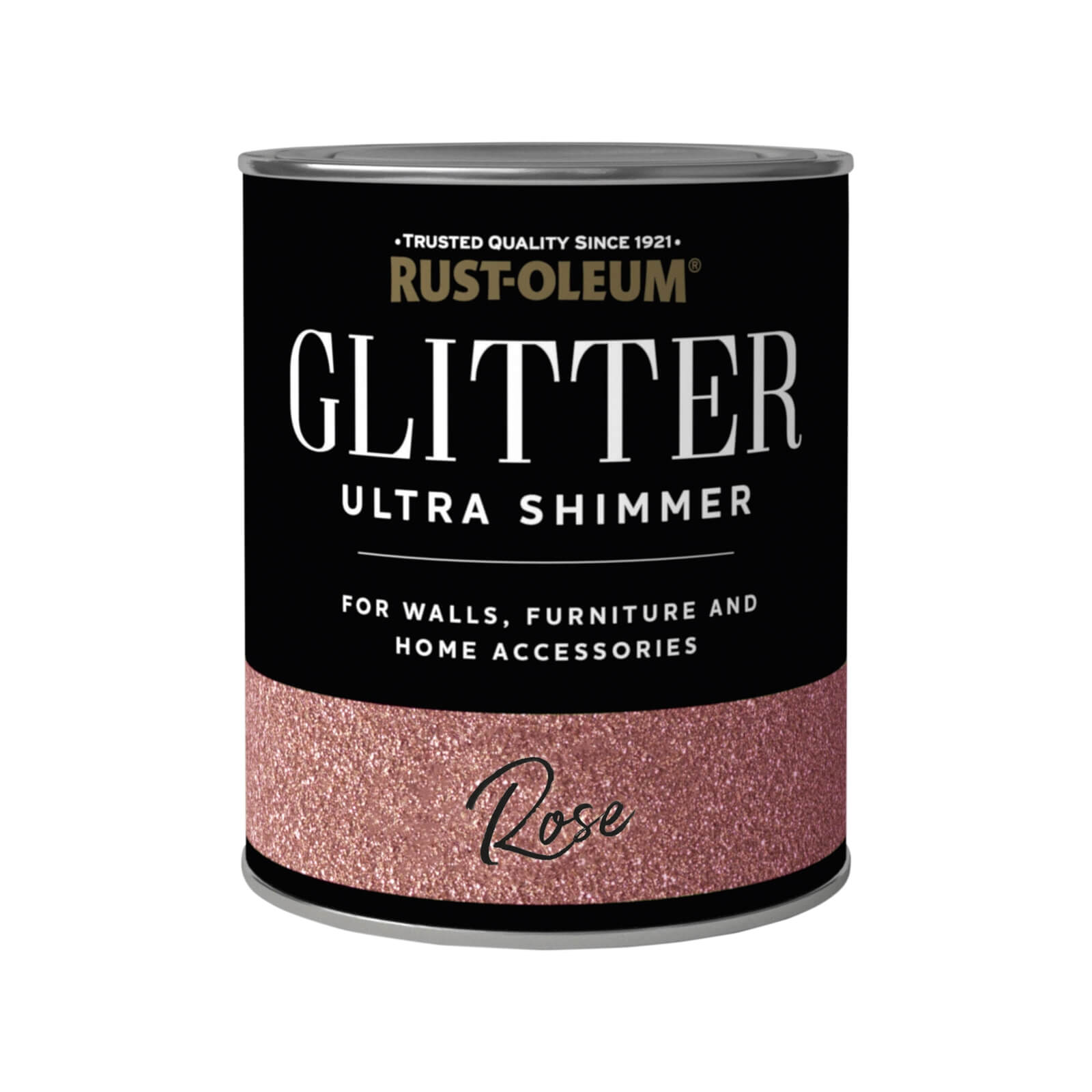 Rust-Oleum Glitter Ultra Shimmer in Rose, 750ml can, features a sleek black label with shiny rose gold glitter at the base, designed for walls, furniture, and home accessories.