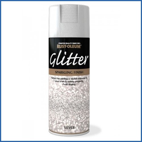 Silver glitter spray paint in a 400ml can, featuring a sleek design with a black and silver label, ideal for adding a sparkling finish to crafts and hobby projects.