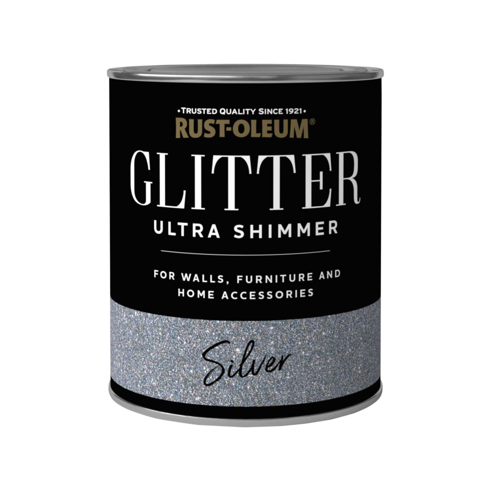 Silver glitter paint in a 250ml can, featuring a sleek black label with "Rust-Oleum Ultra Shimmer" prominently displayed and a sparkling silver band at the bottom.