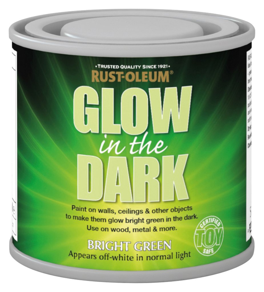 Bright green Rust-Oleum Glow in the Dark paint can, 125ml, with a glossy finish and a label featuring "GLOW in the DARK" text, certified toy safe for use on various surfaces.