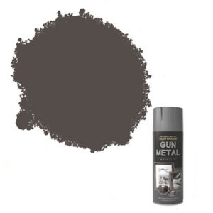Rust-Oleum Metallic Gun Metal Grey Spray Paint in a 400ml can, featuring a sleek design with a dark grey metallic finish and a label indicating its color and brand.