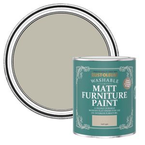 Rust-Oleum Matt Furniture Paint in Half Light, 750ml can featuring a soft, muted grey color with a glossy silver lid, labeled as washable and suitable for furniture use.