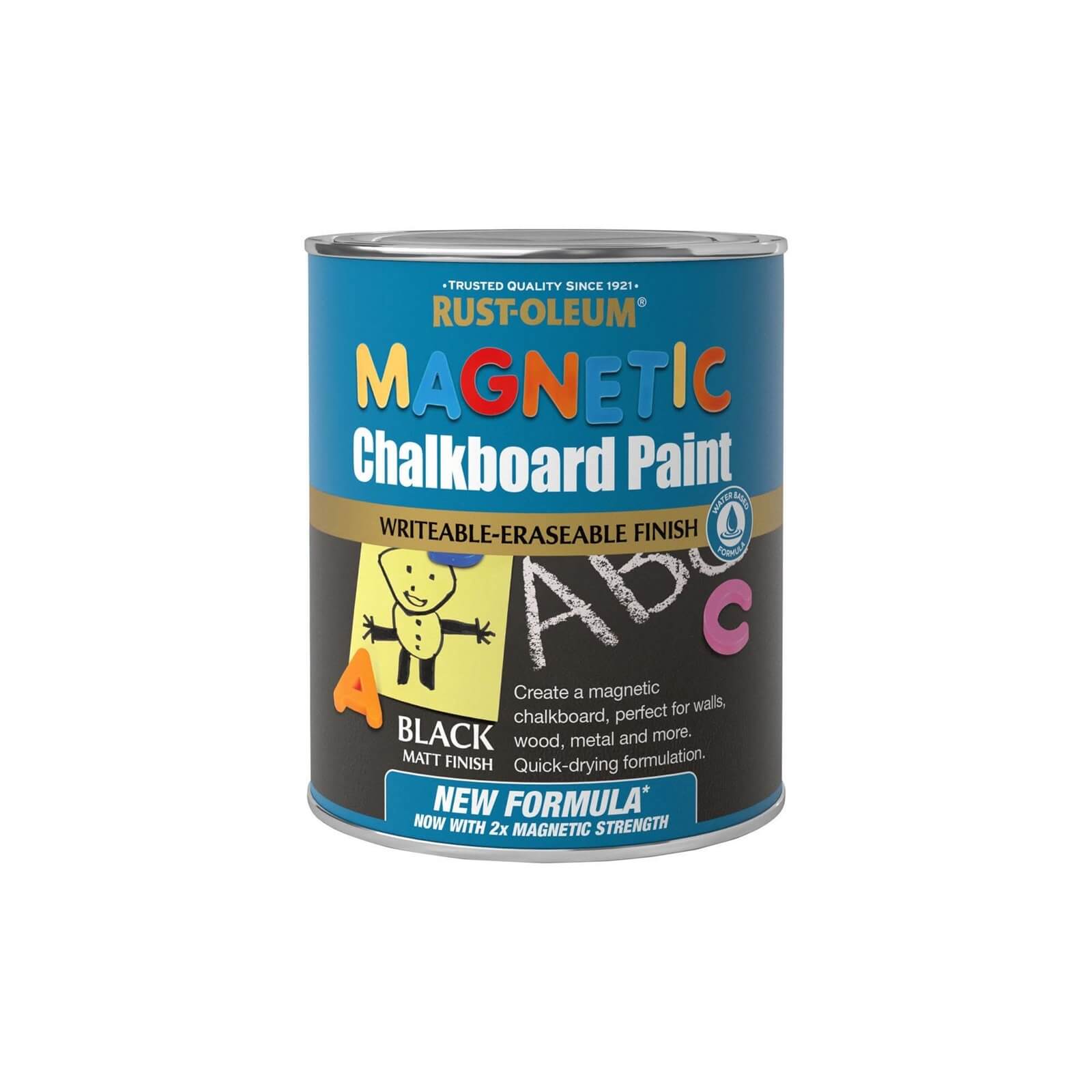 Rust-Oleum Magnetic Black Chalkboard Brush Paint in a 750ml can, featuring a matte black finish, colorful branding, and a "new formula" label for enhanced magnetic strength.