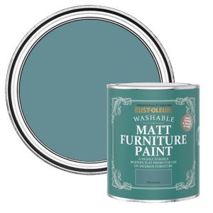 Rust-Oleum Matt Furniture Paint in Peacock Suit, a 750ml can featuring a vibrant teal color, with a smooth matte finish, ideal for interior furniture applications.