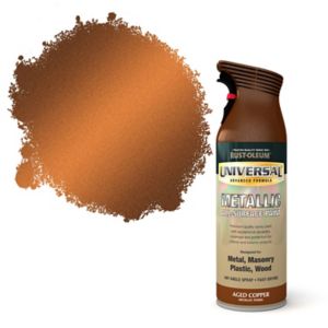 Rust-Oleum Universal Aged Copper Effect spray paint can, featuring a brown nozzle, with a rich, metallic copper color swatch beside it, suitable for multiple surfaces.