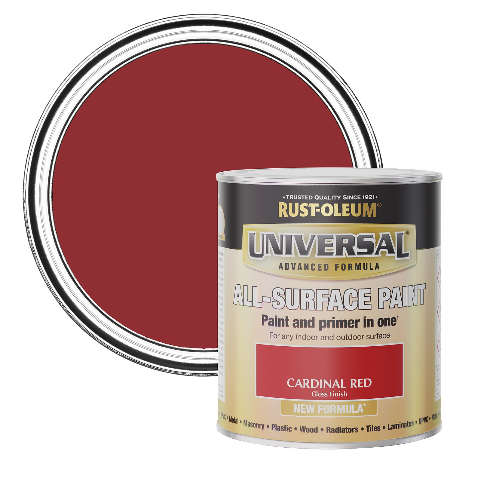 Glossy cardinal red paint in a 250ml can, labeled "Rust-Oleum Universal All-Surface Paint," suitable for indoor and outdoor use, with a metallic silver lid and a color swatch above.