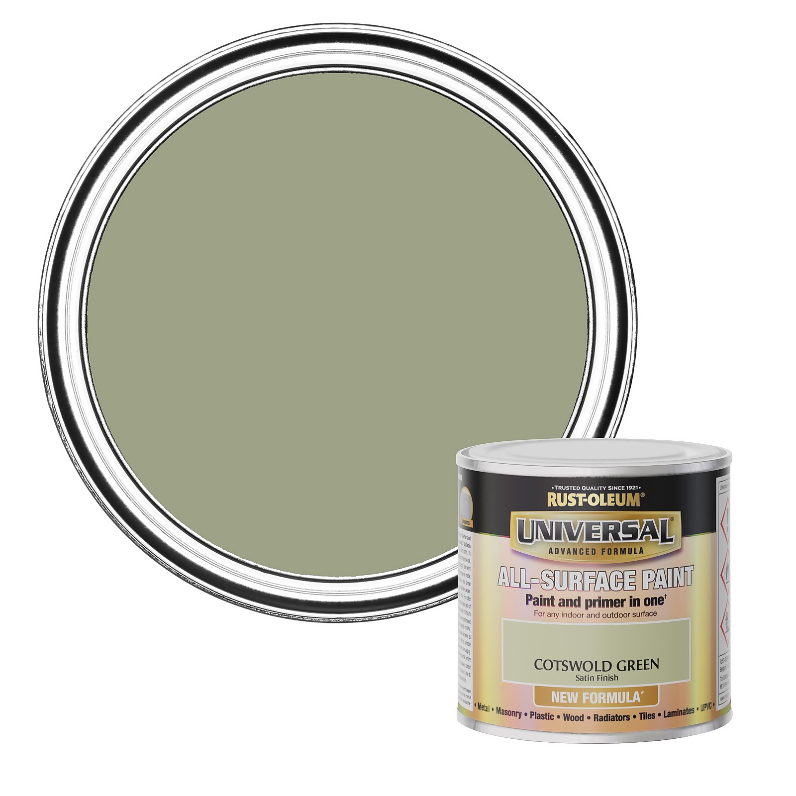 Satin paint in Cotswold Green, 250ml can by Rust-Oleum, featuring a smooth, muted green color with a glossy finish, labeled as all-surface paint and primer in one.