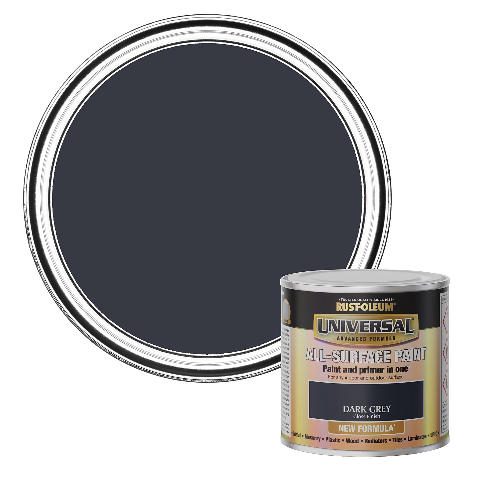 Rust-Oleum Universal Gloss Paint in Dark Grey, 250ml, featuring a sleek metal can with a black label and a glossy paint swatch above, showcasing its rich dark grey color.