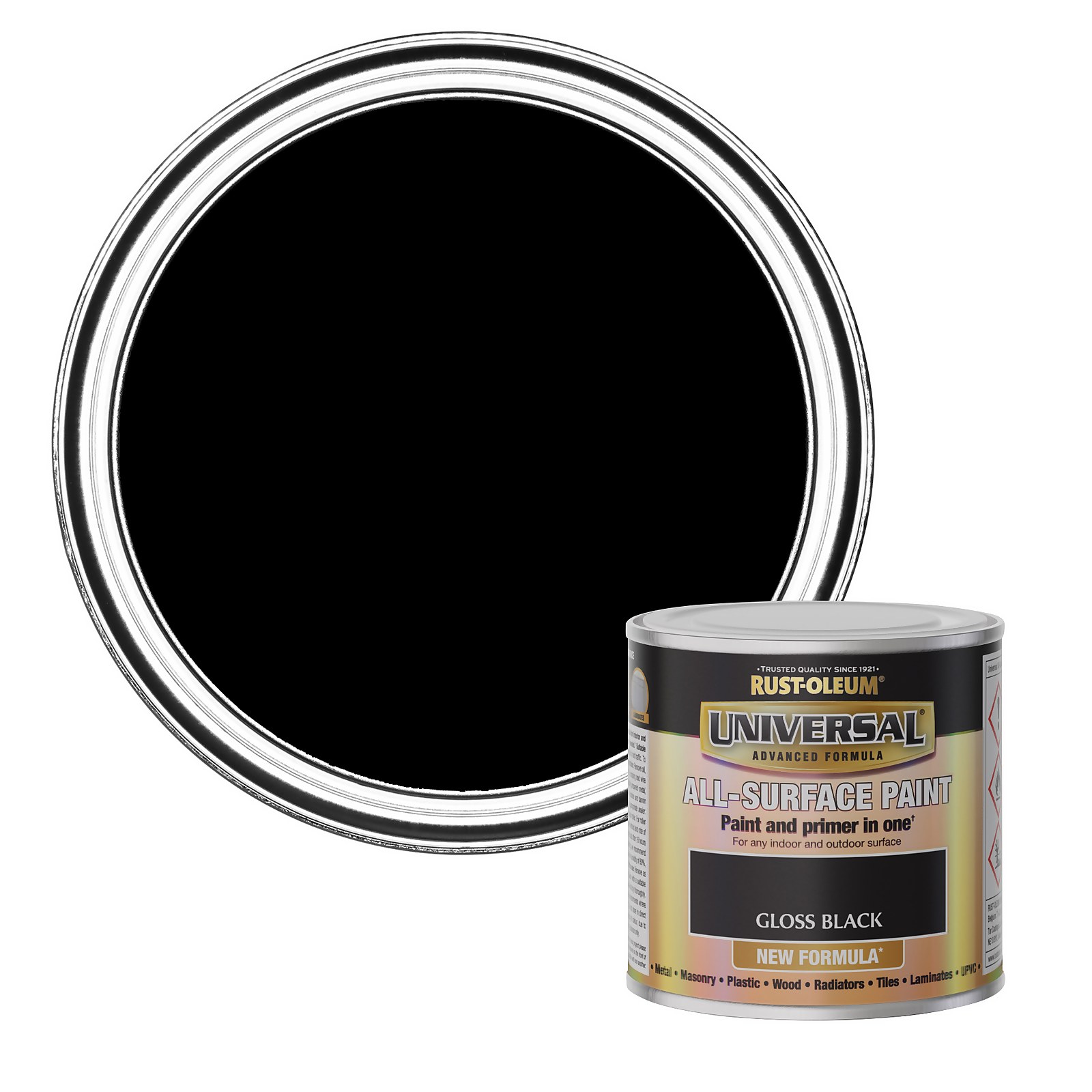 Gloss black paint in a 250ml can, labeled "Rust-Oleum Universal," featuring a shiny finish and designed for various surfaces, with a silver rim around the lid.