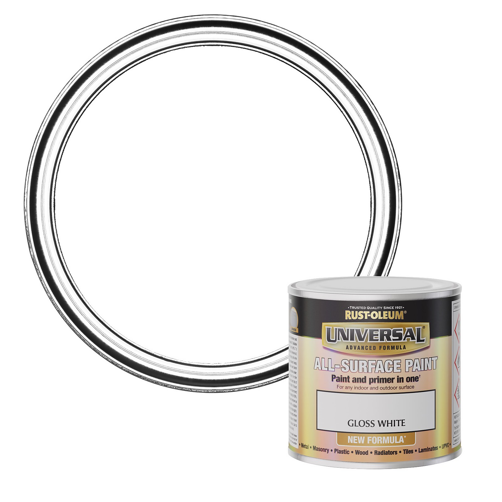 Glossy white paint can with a black and gold label, featuring "Rust-Oleum Universal" branding, and a circular silver lid beside it, indicating a 250ml size.